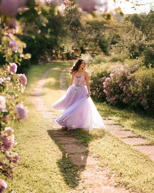 Quinceañera walking a garden path in a lilac gown at golden hour